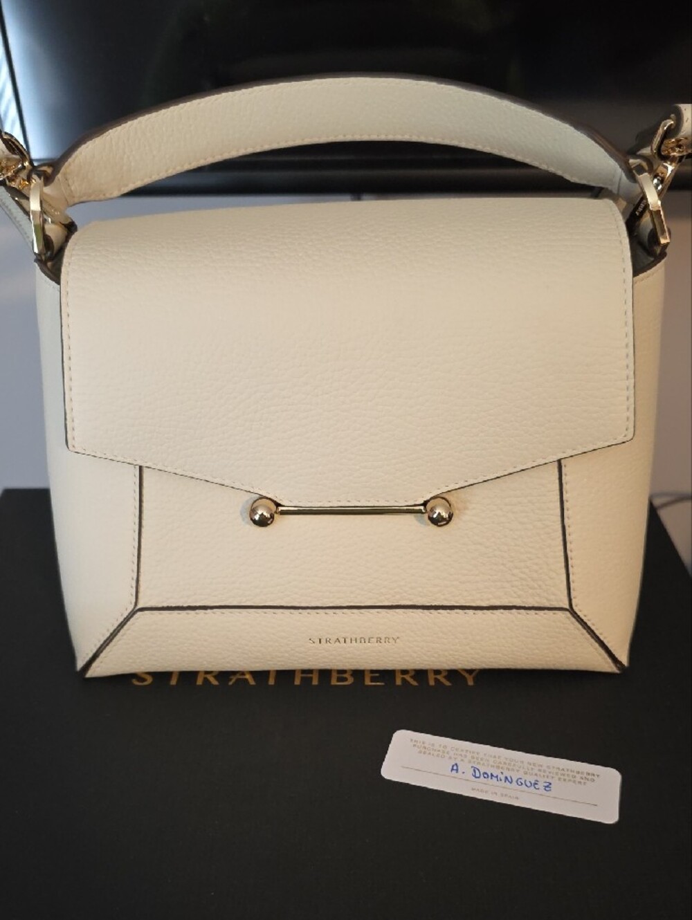 Strathberry Mosaic Vanilla Leather Top-Handle Satchel with Gold Hardware - Picture 3 of 6